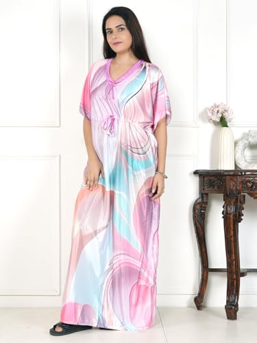 Image of Women's Printed Satin Blend Kaftan Nighty /Nightgown /Nightwear /Maxi WSR-185