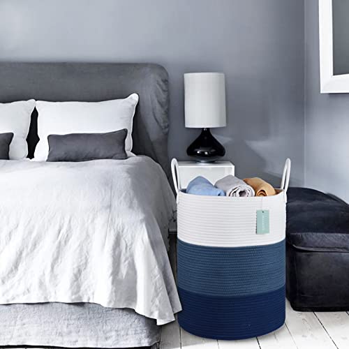Image of Large Cotton Rope Laundry Hamper for Clothes 65L, White & Blue | 16 inchx 20 inch, Tall Woven Storage Basket for Nursery, Bedroom & Living Room; Stores Clothes, Blankets, Pillows, Toys & Towels
