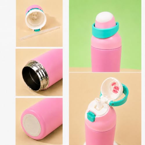 Image of HomeCloud 500ML Stainless Steel Water Bottle for Kids - Double Wall Vacuum Insulated, Leakproof Straw Lid, BPA-Free Reusable Flask with Dual Drinking Spout for School,Travel & Sports (Pink Green)