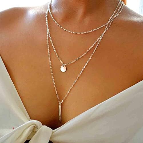 Aneneiceera Boho Layered Bar Coin Necklace Sequins Choker Gold Round Disc Necklace Bar Pendant Multilayer Necklace Chain Wedding Jewelry Long Necklaces for Women and Girls for Gift