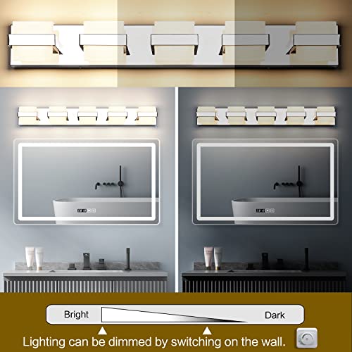 Image of SOLFART 5 Lights Chrome Bathroom Light Modern LED Vanity Lights for Bathroom Light Fixture 34 inch Warm Light Non Dimmable