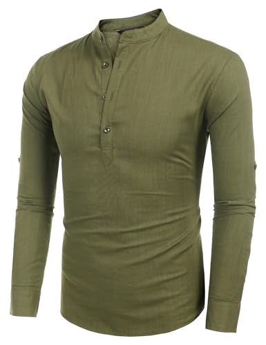 COOFANDY Men's Cotton Linen Henley T-Shirts Long Sleeve Hippie Casual Beach T-Shirts Army Green - Thumbnail 4
