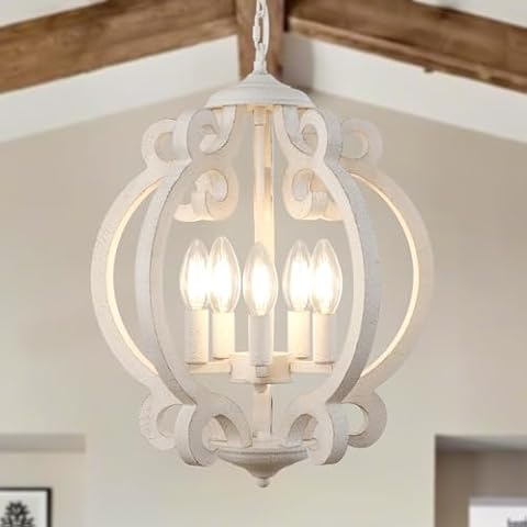 KMaiPem White Farmhouse Chandelier, 5 Lights Distressed Wood French Country Chandelier, Height Adjustable Rustic Chandeliers for Dining Room, Pendant Lights Kitchen Island Bedroom Living Room Cover