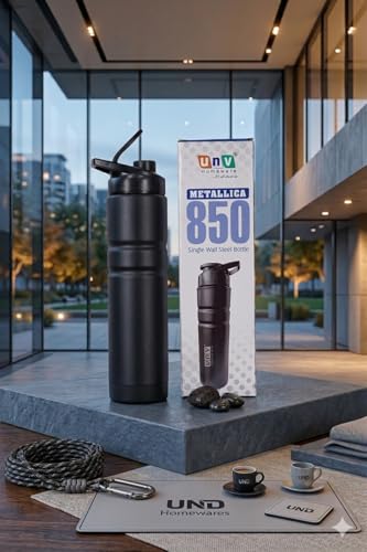 Image of UNV Metallica 850 Stainless Steel Flip Bottle 850ml Black | Colour Coated Body | Leakproof Flip Cap | Food Grade Inner | Water Bottle for Office, Gym & Travel