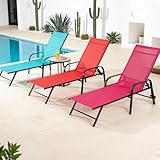 Simple Delxue Folding Chaise Lounge Chair with 5 Reclining Positions, Beach Recliner Chair with Armrests, Textilene Fabric & Steel Frame, Outdoor Patio Poolside Seating, 350 LBS Capacity, Red