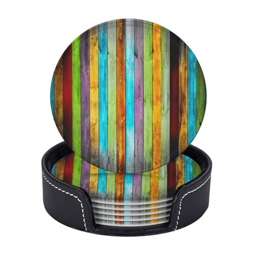 Planks In Carpentry Untersetzer aus Eichenholz, Holzdruck, Leder, Set mit 6 runden Tassen, Bechern, Matte zum Schutz der Tischplatte