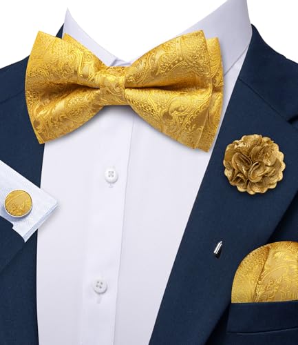Image of YOHOWA Mens Bow Tie Paisley Coloful Pre-tied Bowties Handkerchief Cufflinks