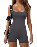 Ekouaer Womens Yoga Romper Grey Body Suits Shorts Square Neck Workout Jumpsuit Seamless Unitard Grey XL