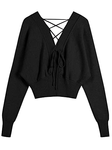 Image of ZAFUL Women V Neck Button Knit Crop Sweaters Batwing Sleeve V Back Ribbed Hem Pullover Sweater