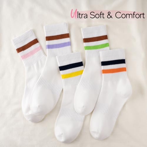 HONGTEYA Cotton Crew Socks for Women Cute Retro Striped Socks 5 Pairs with Arch Support Casual Athletic Vintage (Multicolor) — view 6