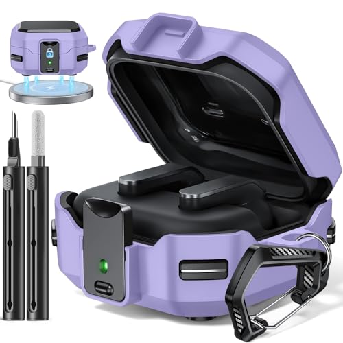 Image of Safety Lock Case for Samsung Galaxy Buds 4 Pro /4 (Purple) | Compatible with MagSafe,with Cleaning Kit & Keychain,Mecha Protective Case