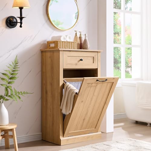 Image of IFBUY Tilt Out Laundry Hamper Cabinet, Trash Can Cabinet, Natural