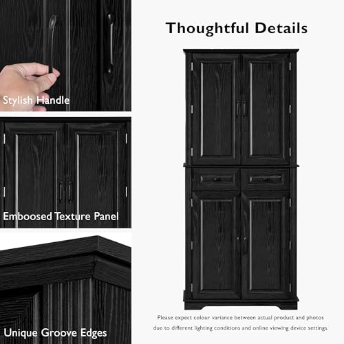 Image of Ball & Cast 71″Tall Farmhouse Kitchen Pantry Cabinet with 3 Pull Out Shelves & 2 Large Drawers,Versatile Pantry Storage Cabinet w / 6 Door Shelf & Adjustable Shelves for Kitchen,Dining Room,Black