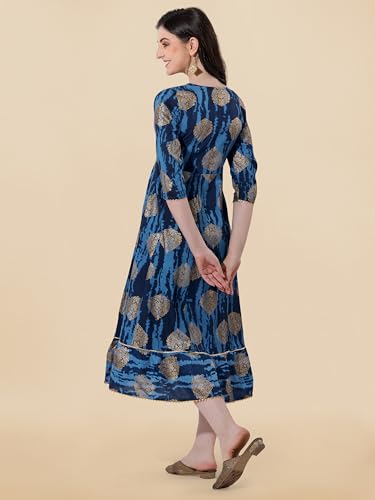 Image of MIRCHI FASHION Women's Cotton Relaxed Fit A Line Sequins Embroidery Work Foil Printed A-Line Kurti Only