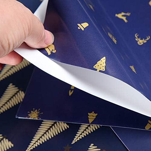 Vicor 10 Sheets Christmas Wrapping Paper,70x50CM(27.5x19.7 inch) Blue and Gold Wrapping Paper with 6 Different Patterns,Recyclable Wrapping Paper for Christmas