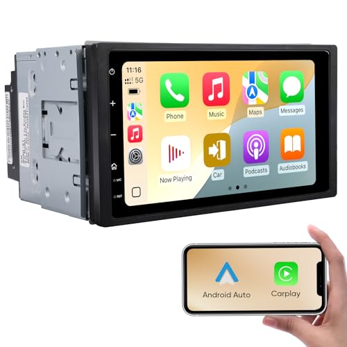7" Double Din Universal Car Stereo, Wireless CarPlay & Android Auto | HD Touchscreen Bluetooth Radio with Backup Camera, USB/AM/FM, Steering Wheel Control Support
