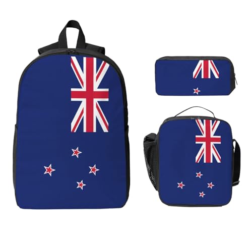 New Zealand Flag print Backpack Bookbag for Daily Use,3 Pcs Backpack Set with Lunch Box and Pencil Case2