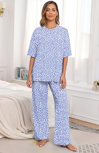 Image of PrinStory Womens Pajamas Sets 2 Piece Lounge Set Short Sleeve Tops and Long Pants Soft Pjs Loungewear with Pockets