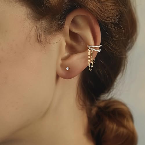 SUYACS 1Pc 14K Gold Plated Cubic Zirconia Chain Earrings Set for Women Dainty 3 Piercing Stackable Ear Cruff Dangle Earring Hypoallergenic Cartilage Earring Jewelry Birthday Gifts for Her4
