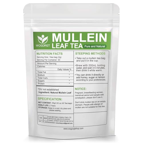 WOGORGT Mullein Tea Bags - Natural Mullein Leaf Tea for Lungs Cleanse and Respiratory Support, Caffeine Free - 40 Tea Bags