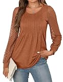 APRRAIN Womens Blouses Dressy Casual Business Work Lace Long Sleeve Tops Blusas Elegantes para Mujer Summer Office Puff Elegant Pleated Flowy Tunics 2025 Teacher Outfits Caramel