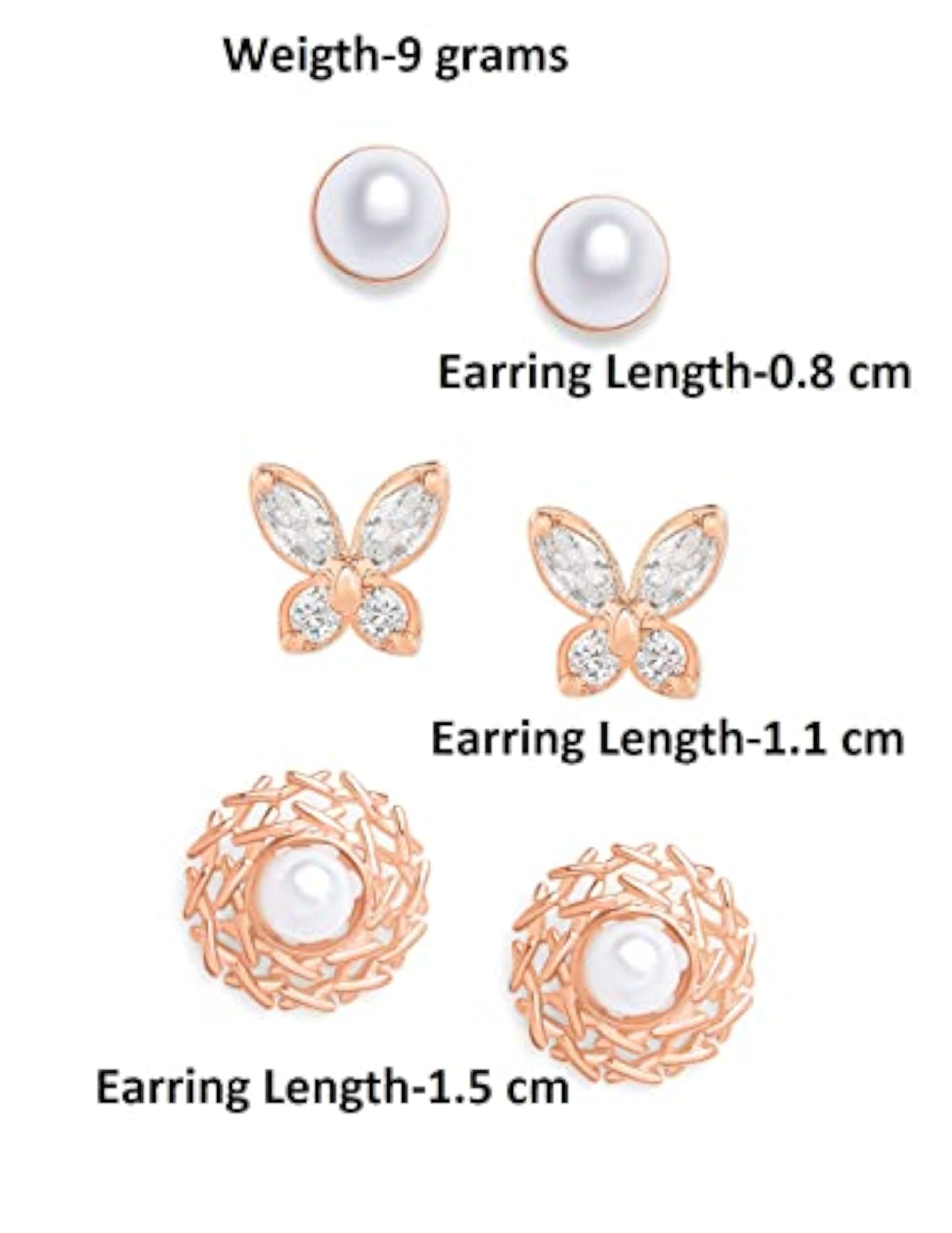 Set of 3 Pearl Stud Earrings for Women