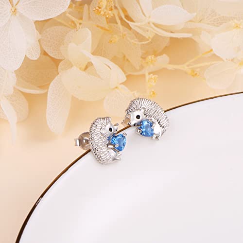Flyow 925 Sterling Silver Cute Animal Blue Heart Cz Hedgehog Stud Earrings Set Gift For Women Girls Daugter Birthday Jewelry #TOP3