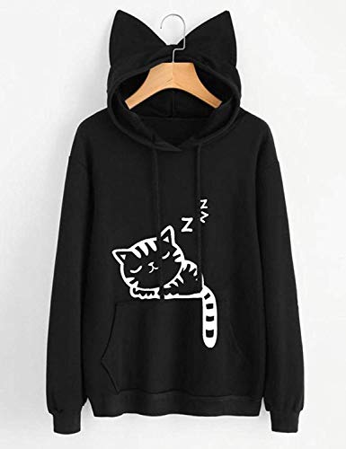 Lziizl Women Girl Hoodies Cute Cat Ear Novelty Printed Pullover Sweatshirt Black Us Size L=Tag Size Xxl #TOP1