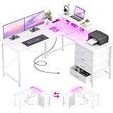 Homieasy L Shaped Desk with Drawers & Power Outlets, Reversible Computer Desk with LED Light and Monitor Stand, 50 Inch Home Office Gaming Work Study Desk with 4 Storage Drawers, White