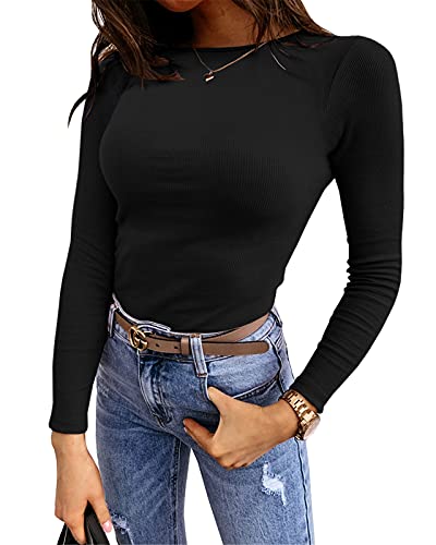 Lynwitkui Women's Long Sleeve Stretch Slim Fitted Ribbed T-Shirt Blouse Cut Out Solid Basic Tops Black #TOP2