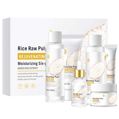 6 PCS Rice Face Skin Care Sets | Facial Skincare Products Kit for Women | Inclusde Face Cleanser – Eyecream – Rice Mask – Face Serum – Face Cream – Toner