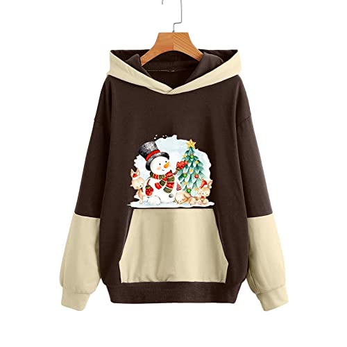 Moletom com capuz engraçado de Natal feminino adolescente boneco de neve cervo cordão bolso canguru