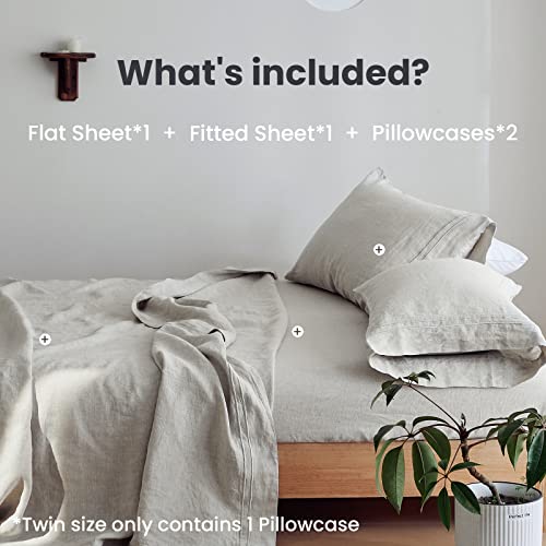 Simple&Opulence 100% Linen Sheet Set 4 Pieces Natural France Flax Bed Sheet (1 Flat Sheet, 1 Fitted Sheet, 2 Pillowcases) Breathable Luxury Hotel Bedding - Embroidery Linen, Queen Size