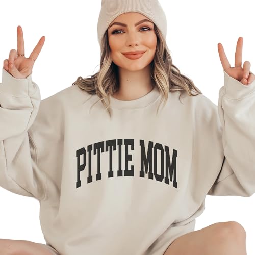 Pittie Mom Varsity Sweatshirt, Cute Pit Bull Terrier Pet Parent Sweater, Pitbull Dog Mom Gift, Dog Lover Shirt, Unisex Womens Crewneck Sweatshirt