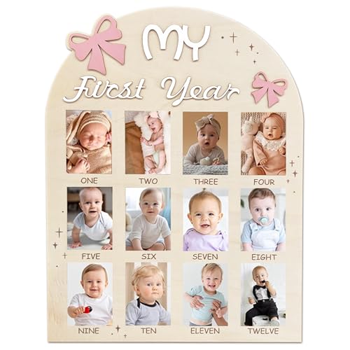 Image of Aukolass Bow One Year of Photo Board, My First Year Photo Photo Board 12 Monthly Milestones Picture Frame for Baby Girl 1st Birthday Decorations (pink) (2" x 3")