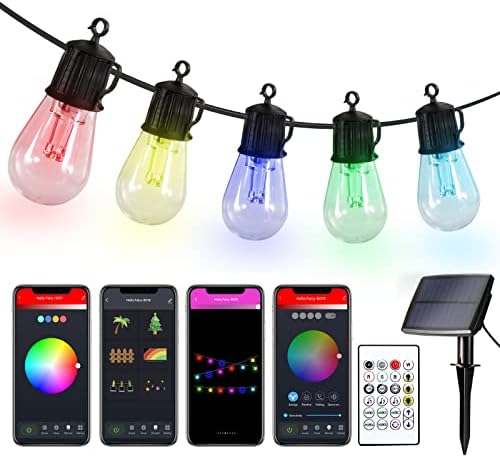 Solar String Lights RGB App Control, 25Ft Solar Powered Patio Lights Outdoor Waterproof with 15 Plastic LED Edison Bulbs, Dimmable Music Hanging Lights Remote for Balcony Deck Gazebo Pergola Camping