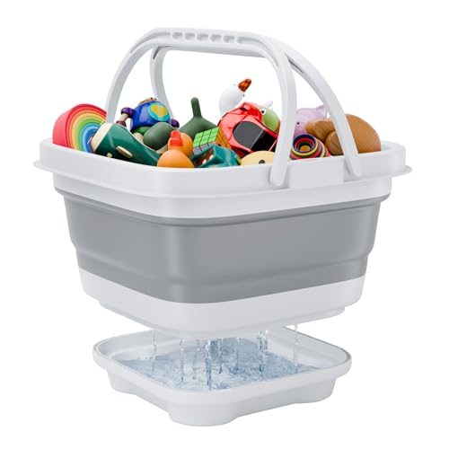 Teisaiko Bath Toy Storage Organizer - Foldable Bathtub Toy Storage with Removable Base for Draining, Bath Toy Basket for Bathtub with 1 Hook (Grey), Grey,blue,black