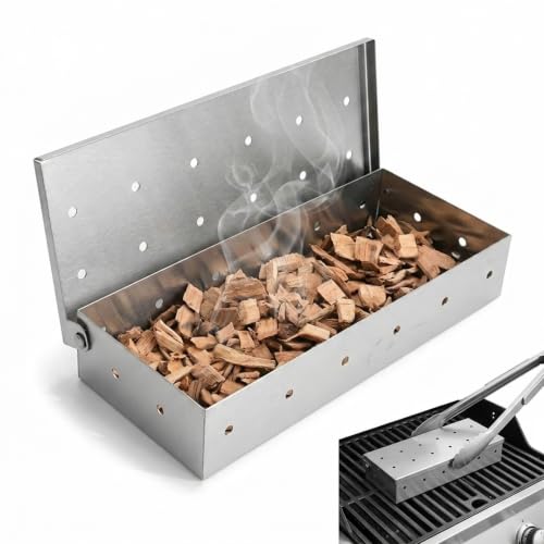 IUSOT BBQ Smoker Box Stainless Steel Smoking Box for Gas Electric and Charcoal Grills Premium BBQ Accessories for Adding Smoky Flavor to Meat or Fish Perfect for Outdoor Cooking with Wood Chips