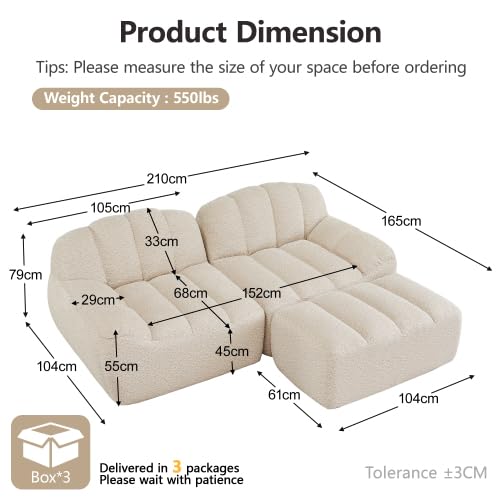 Modulares Ecksofa 2-Sitzer mit Ottomane, L-Form Boneless Couch, Tiefe Sitzkissen, Wohnzimmer, kein Aufbau