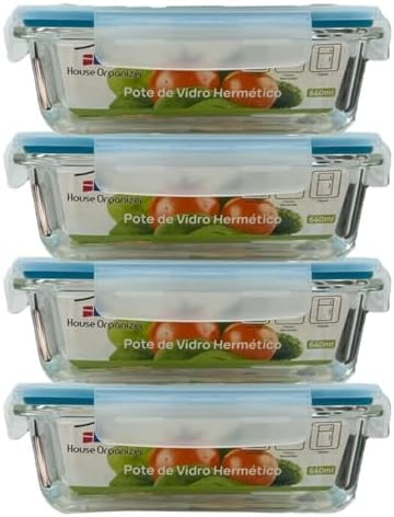 House Organizer Conjunto 4 Potes de Vidro Retangular com Tampa Hermética 640ml Cor:Azul