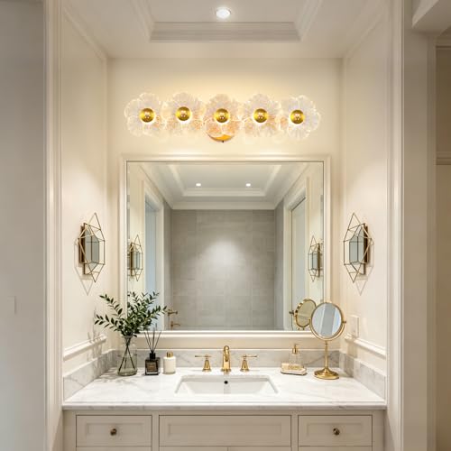 Image of 26.7 inch Gold Bathroom Light Fixtures 5 Light Floral Vanity Lights, 3-Color Dimmable Bathroom Vanity Light Elegant Led Wall Lights Cordless Wall Sconces for Decor,Bathroom,Livingroom