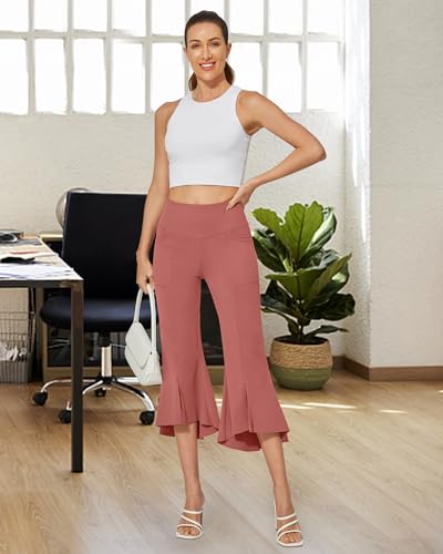 Image of G4Free Capri Pants for Women Stretch Yoga Dress Pants with Pockets Ruffle Bell Bottom Athletic Work Leggings