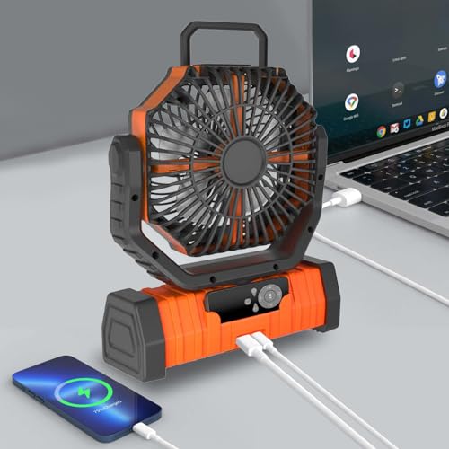 Rechargeable Fan,Operated Camping Battery Powered Fan with Hook&Bright LED Light,Remote Control Timer Auto Oscillation Cordless Outdoor Fan for Power Outage,Picnic,Barbecue,Fishing,Travel,Jobsite,Home