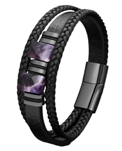 mkat Men's Genuine Leather Bracelet with Natural Stone, Natural Gemstone Bracelet, Black Leather Bracelet for Men, Amethyst Bracelet, Lapis Lazuli Bracelet, Cushion Cut Gemstone Bracelet