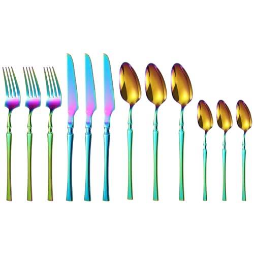 Image of aDai Rainbow Silverware Set | Satin Finish 12-Piece Korean Vintage Style Flatware Set | Dishwasher Safe Stainless Steel Cutlery for Home, Restaurant & Gifting