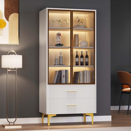 PUGSDRLY Armoire de Vitrine avec Lumières LED,Armoire Chambre avec Porte en Verre,Bibliotheque,Moderne Meubles de Rangement avec Tiroirs pour Cuisine Salon et Bureau,Blanc (B)