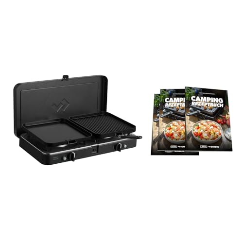 CADAC - 2 Cook 3 Turbo Deluxe und Camping-Kochbuch - Gas Tischgrill mit 2 Brennern und Rezeptbuch - Outdoor Campinggrill Set mit Piezo-Zündung und Flammenausfallsicherung - Grillzubehör - 50mBar