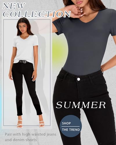 Huukeay 5 Pack Women's Cotton V Neck T-Shirts Multipack Short Sleeve Slim Casual Ribbed Tops 2025 Summer Basic Tee2