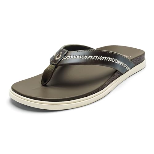 OluKai Men's Shoreline Leather Sandals, Everyday Flip-Flops with Premium Materials & Rich Details, All-Day Comfort & Arch Support, Mustang/Clay, 10