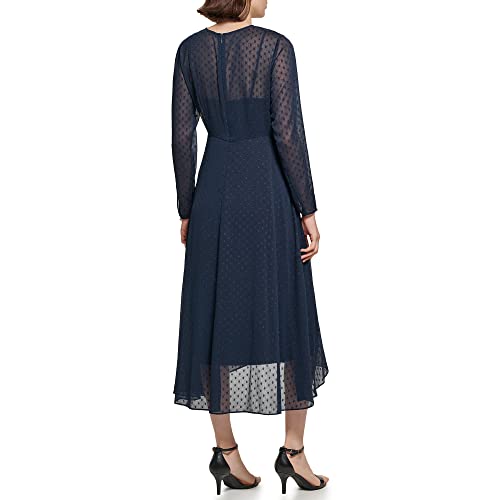 Image of Tommy Hilfiger Women's Long Sleeve Keyhole Neck Chiffon Hi-lo Midi Dress